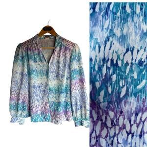 Vintage 80s Pastel Neck Tie Semi Sheer Long Sleeve Secretary Blouse Sz XL